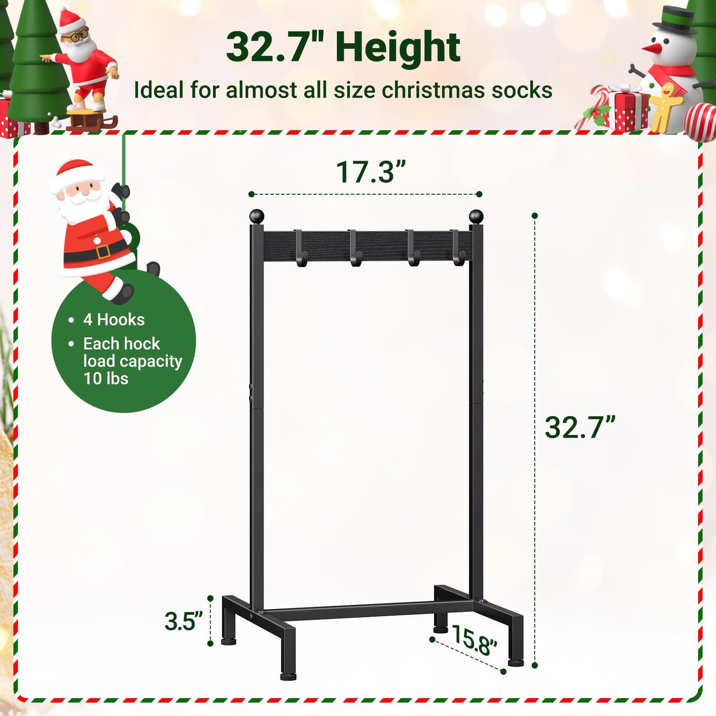 ELYKEN Christmas Stocking Holder Stand for Floor, Free Standing Stocking Rack with 4 Removable Hooks, Wood Stocking Hanger Stand, Heavy Duty Xmas Stocking Stand with Adjustable Feet, Black