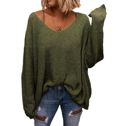 BZB Women's V Neck Long Sleeve Knit Loose Oversized Pullover Sweater Top