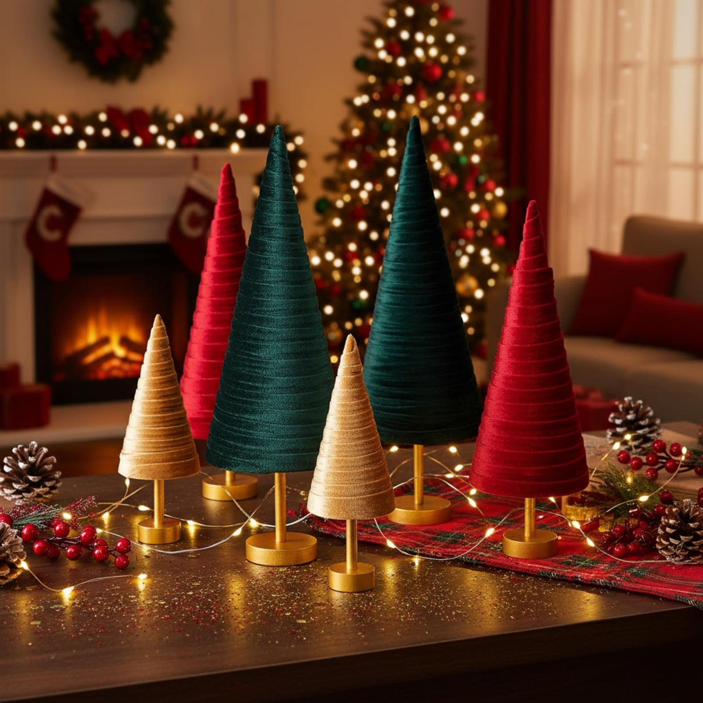 Hoolerry 6 Pcs Christmas Velvet Trees with Gold Pedestal Christmas Velvet Cones Tree Mantel Decor Modern Rustic Winter Home Minimalist for Holiday Entryway Table Wedding Centerpiece(Xmas)