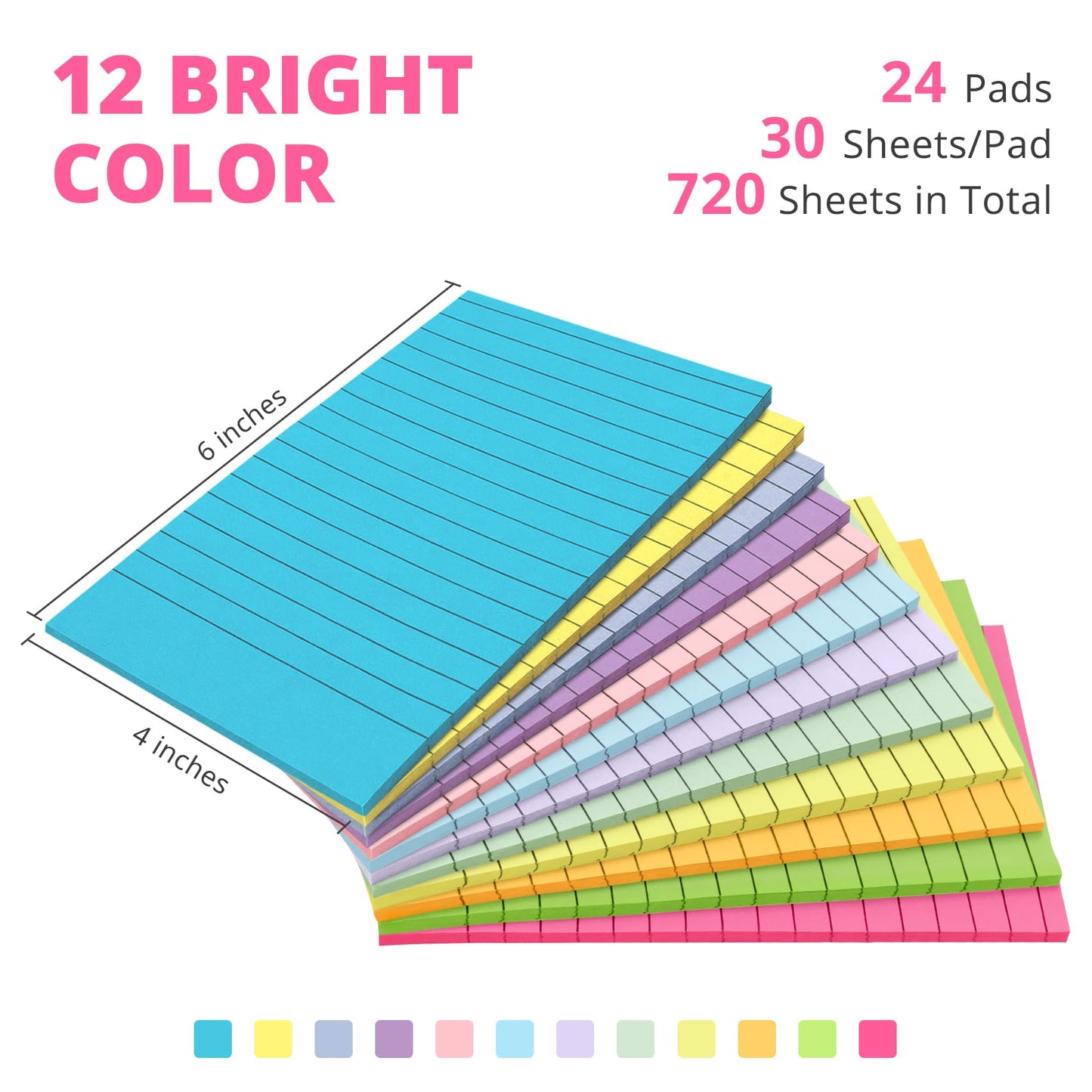 Lined Sticky Notes, 24 Pads, 4x6 Inches, Large Sticky Notes with Lines, Memo Note Pads in Multi Colors, 30 Sheets/Pad, Super Sticking Power for Office ＆ Home & Planning - Bright
