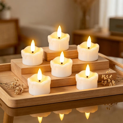 Wondise Real Wax Flameless Tealights with 6H Timer, 6pcs Batteries Operated Tea Lights, Realistic 3D Flickering Flame LED Tea Votive Candles for Home Halloween Christmas Decoration