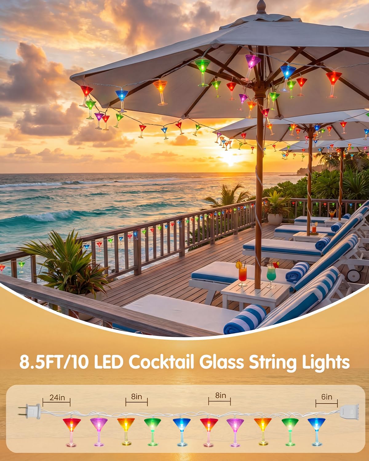 SUNSGNE LED Summer Decorative Indoor String Lights, 8.5ft Margarita Cup Hanging String Lights, Plug in Warm White Fairy Light String for Outdoor Party Birthday Holiday Bistro Bar Decorations