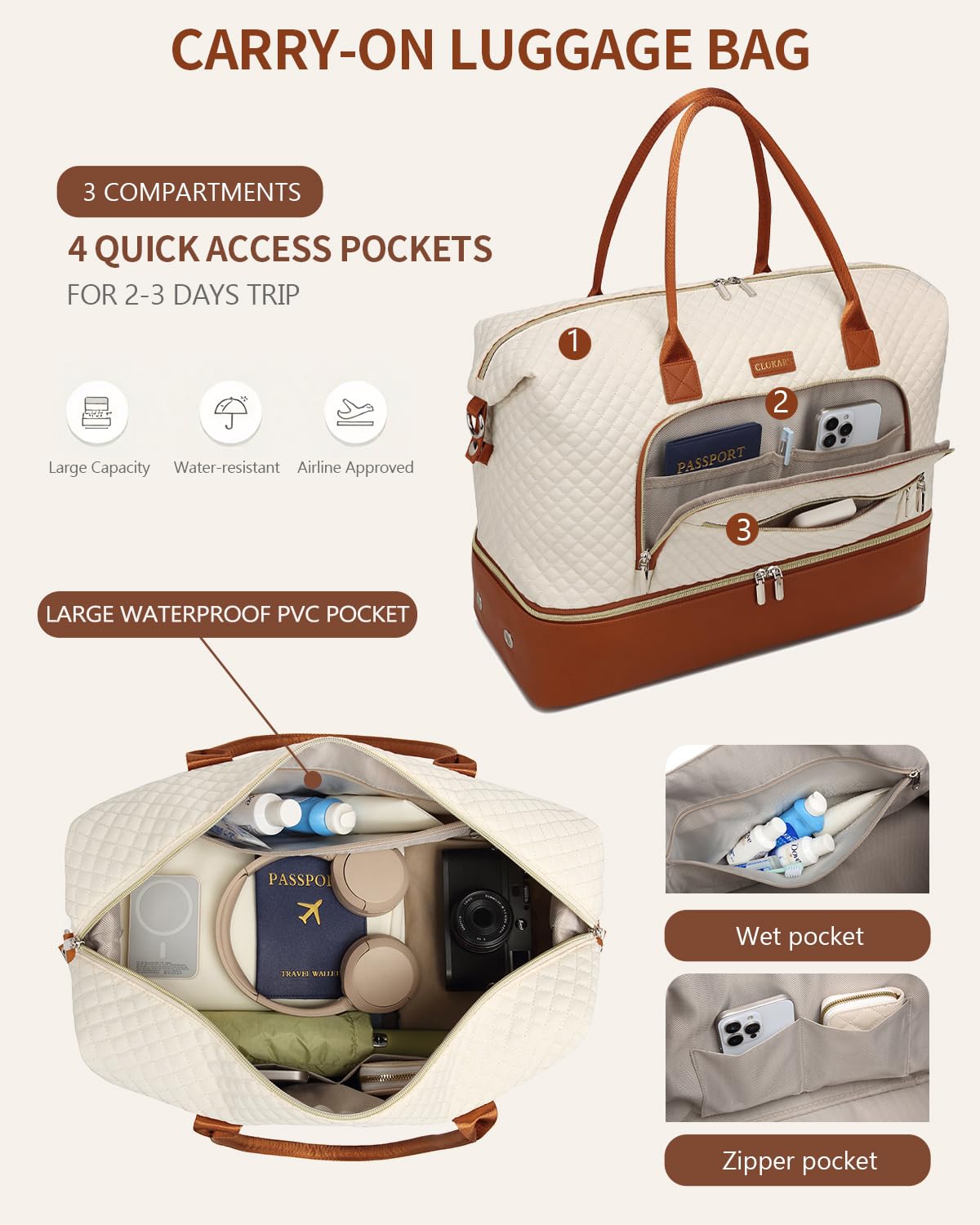 CLOKARS Weekender Bags for Women, Travel Tote Duffle Bag Carry On Overnight Bag with Cosmetics Bag and Crossbody Purse for Gym Hospital, Gifts for Women, Beige Brown