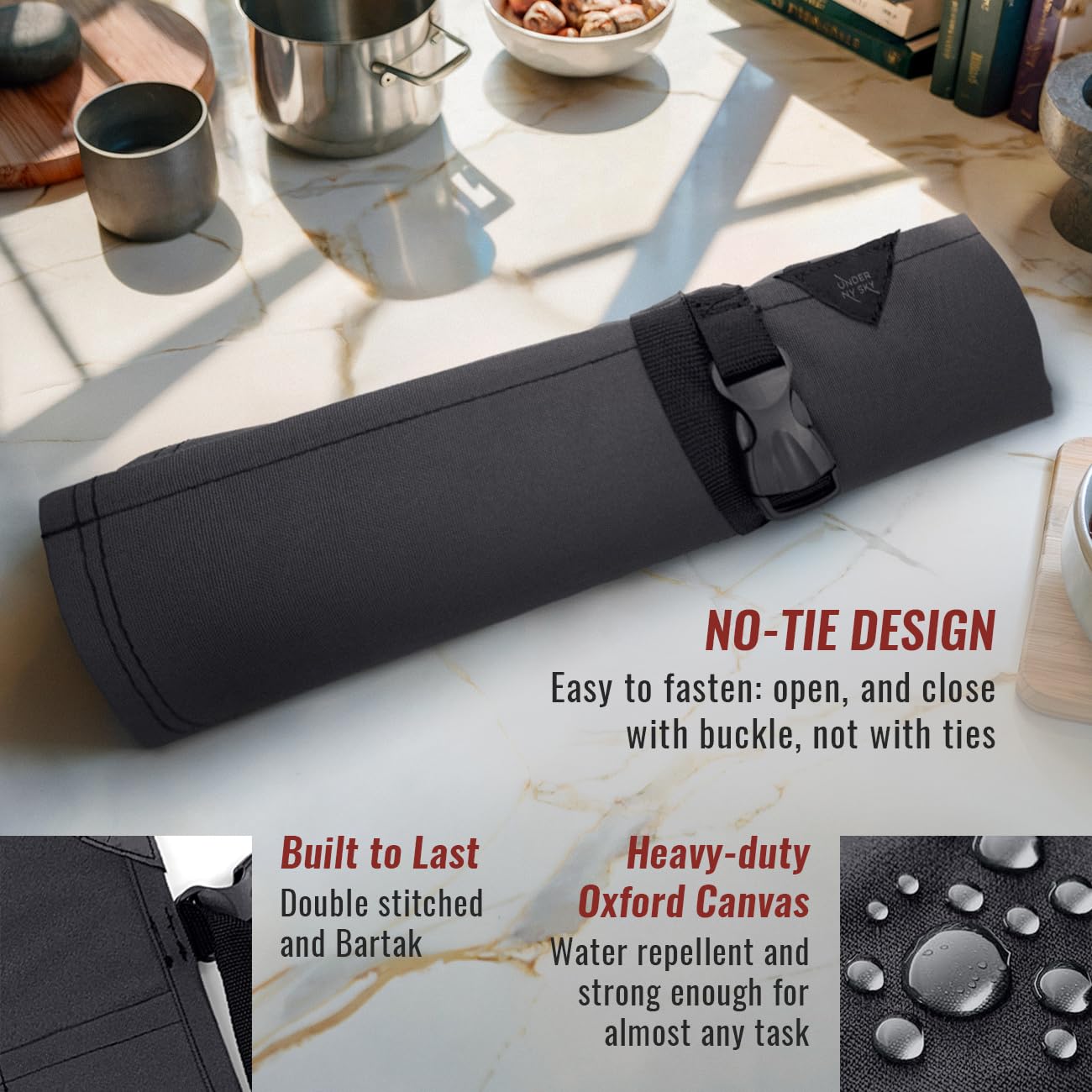 Under NY Sky Knife Roll Case - 6 Slots - Heavy Duty Oxford Canvas Pouch - Leather Reinforced - Portable Bag for Cooking Tools, Utensils, Cutlery Knives, Brushes - Chefs, Kitchen, Travel, Gift - Gray