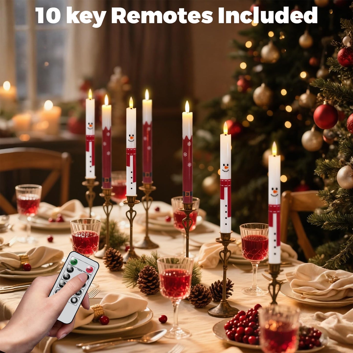 Wondise Christmas Snowman Flameless Taper Candles with Remote Timer, Real Waxy Battery Operated Flickering Candlesticks 3D Wick LED Candles 9.6inch for Halloween Christmas Thanksgiving Decoration