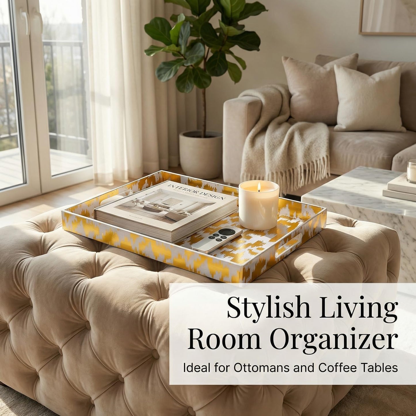 Zosenley Decorative Serving Tray with Handles - 16" x 12" Large Rectangle Coffee Table Decor - Modern Gold Aesthetic Vanity Tray for Ottoman, Bedroom & Bathroom