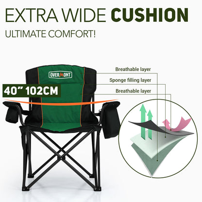Overmont Oversized Folding Camping Chair - 450lbs Support with Padded Cushion Cooler Pockets - Heavy Duty Collapsible Chairs for Sports Garden Beach Fishing Green