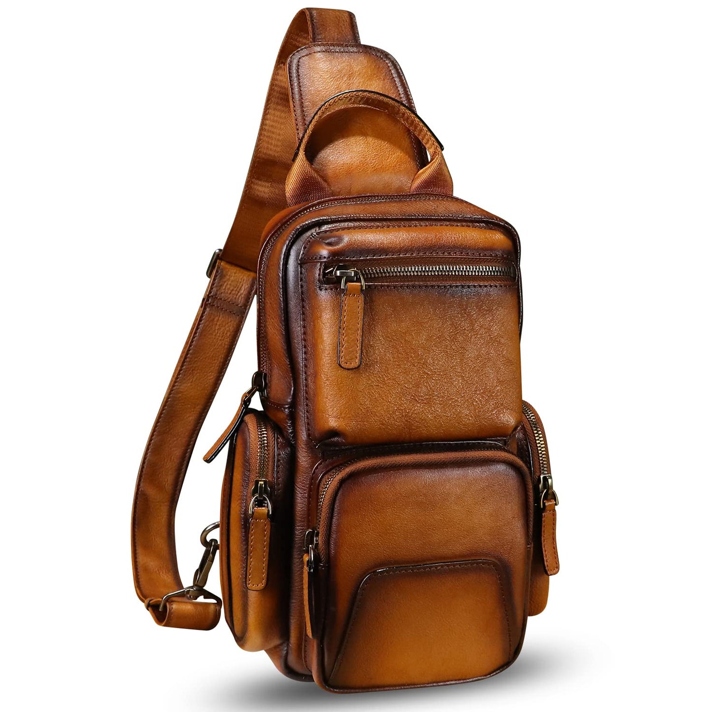 IVTG Genuine Leather Sling Bag Crossbody Casual Hiking Daypack Vintage Handmade Chest Bag Shoulder Backpack Motorcycle Pack (Brown)