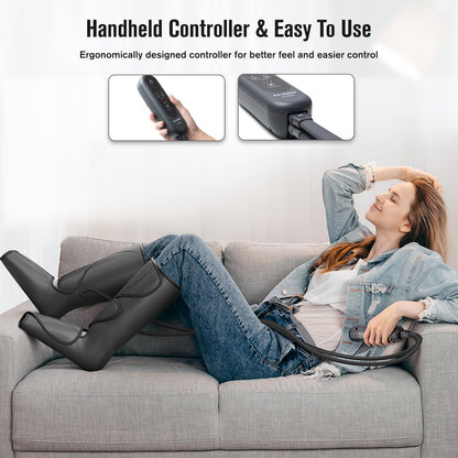 FIT KING Leg Air Massager for Circulation and Relaxation Foot and Calf Massage (No Heat) to Relieve Pain Swelling Edema with Handheld Controller 3 Intensities 2 Modes 2 Extensions - FSA HSA Eligible