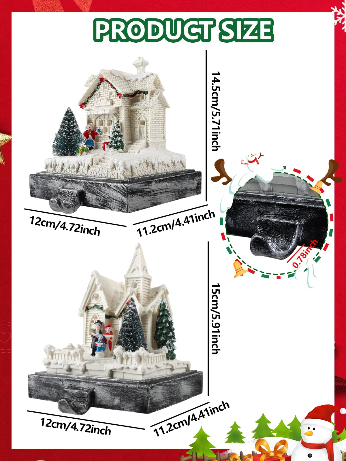 Kalolary Christmas Stocking Holders for Mantle,Set of 2 Christmas Village House Stocking Hangers with LED Lights Weighted Christmas Resin House Stocking Hooks for Fireplace Counter Window Party Decors