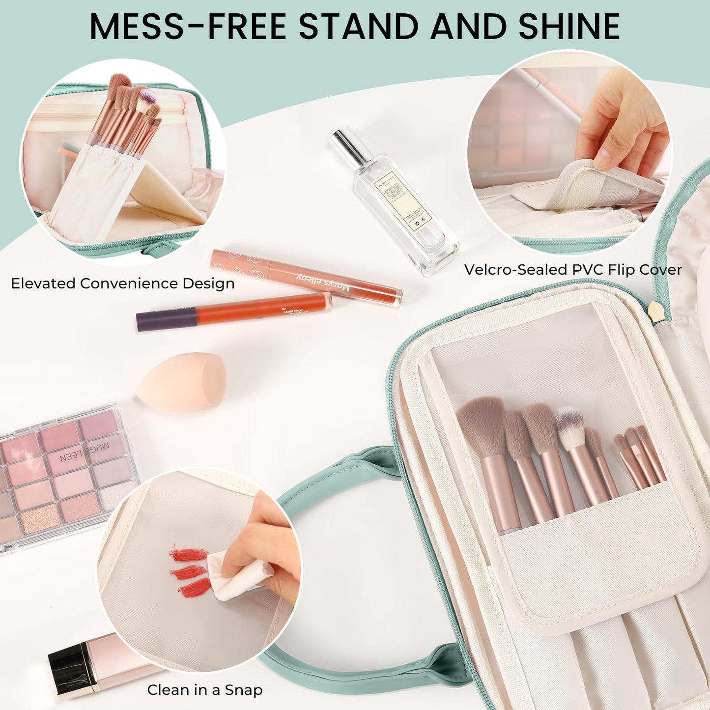 Travel Makeup Bag for Women Fashion Large Capacity Pouch Open Flat Cosmetic Portable Organizer Waterproof Large Opening Storage Toiletry Bags Vertical Free-Standing Brush Holder for Easy Access Blue
