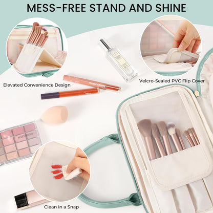 Travel Makeup Bag for Women Fashion Large Capacity Pouch Open Flat Cosmetic Portable Organizer Waterproof Large Opening Storage Toiletry Bags Vertical Free-Standing Brush Holder for Easy Access Blue