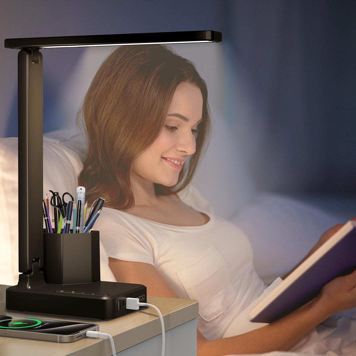 LED Desk Lamp with 3 USB Charging Ports 1 AC Outlet Small Table Lamp for Home Office/Bedroom/Study/College/Dorm Room Essentials, Foldable Reading Light w/Pen Holders for Craft/Artist/Puzzle/Nail/Task