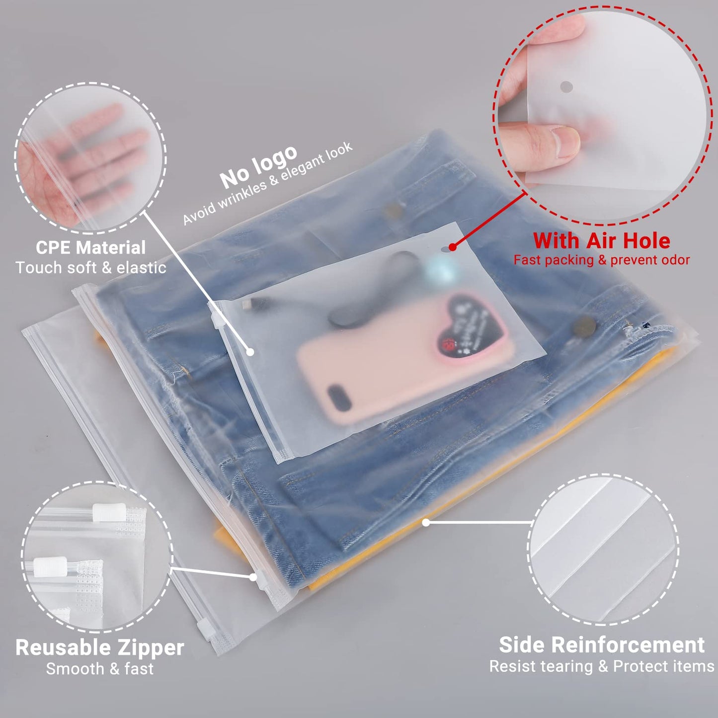 Svaldo Clothes Packaging Bags for Shipping, 100 Count 10x13 inch Frosted Zipper Plastic Bags for Clothing, Clear Apparel Bag for T-Shirt, Shirt, Document, 3 Mil, with Vent Holes