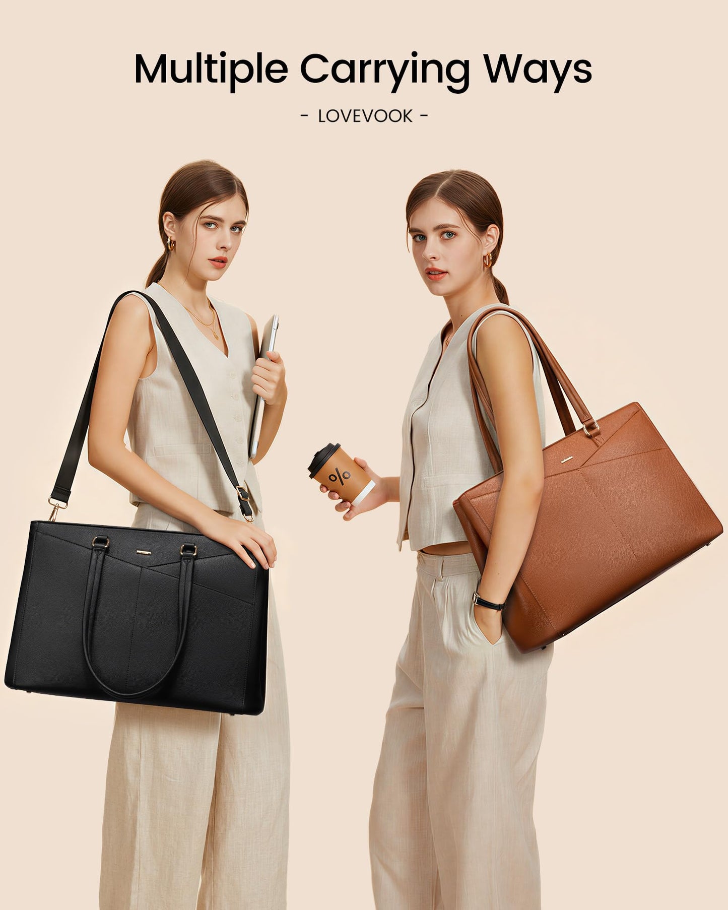 LOVEVOOK Laptop Tote Bag for Women 15.6 Inch Leather Work Bags with Large Cup Holder for Teacher Work Business,Brown
