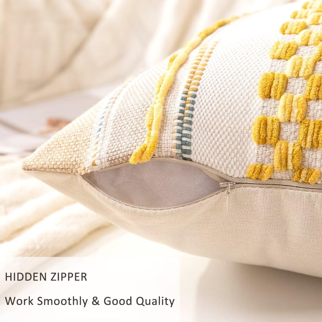 WANLIRD Boho Throw Pillow Covers 18x18 Set of 2 Farmhouse Decorative Cushion Case Striped Square Pillows Cover Chenille Pillow Cases Accent Neutral Pillowcase for Sofa Couch Bed,Yellow
