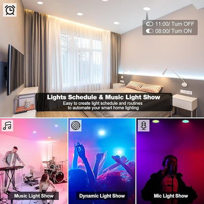 Smart Can Light 6 Inch, WiFi & Bluetooth LED Downlight 6Pack, Multicolorred, Dimmeble, 2700K-6500K CCT Selectable, RGBCW Remote LED Recessed Lighting Compatible with Alexa Google Home