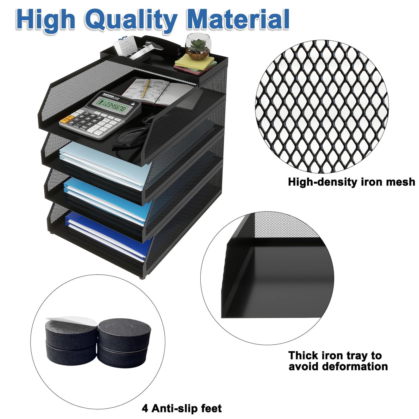 Natwind 4-Tier Paper Organizers,Desk Organizer,Stackable Paper Tray, Desk Accessories,Metal Mesh Desktop Organizer,Letter Trays,File Document Storage Rack for for Home, Office, School (Black)