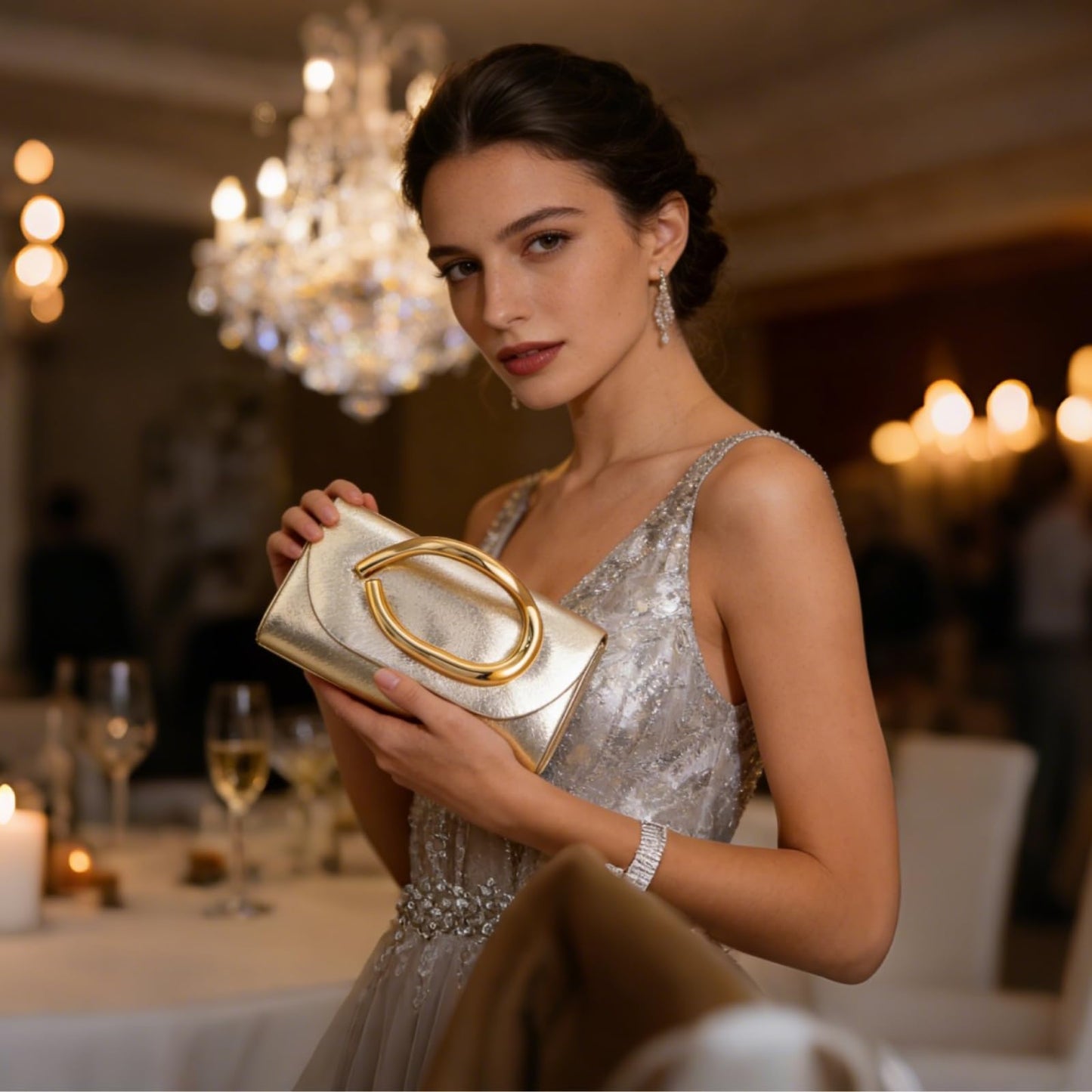 MYHOZEE Clutch Purses for Women Vegan Leather Evening Bag Formal Elegant Wedding Clutch Trendy Gold Handle Purses