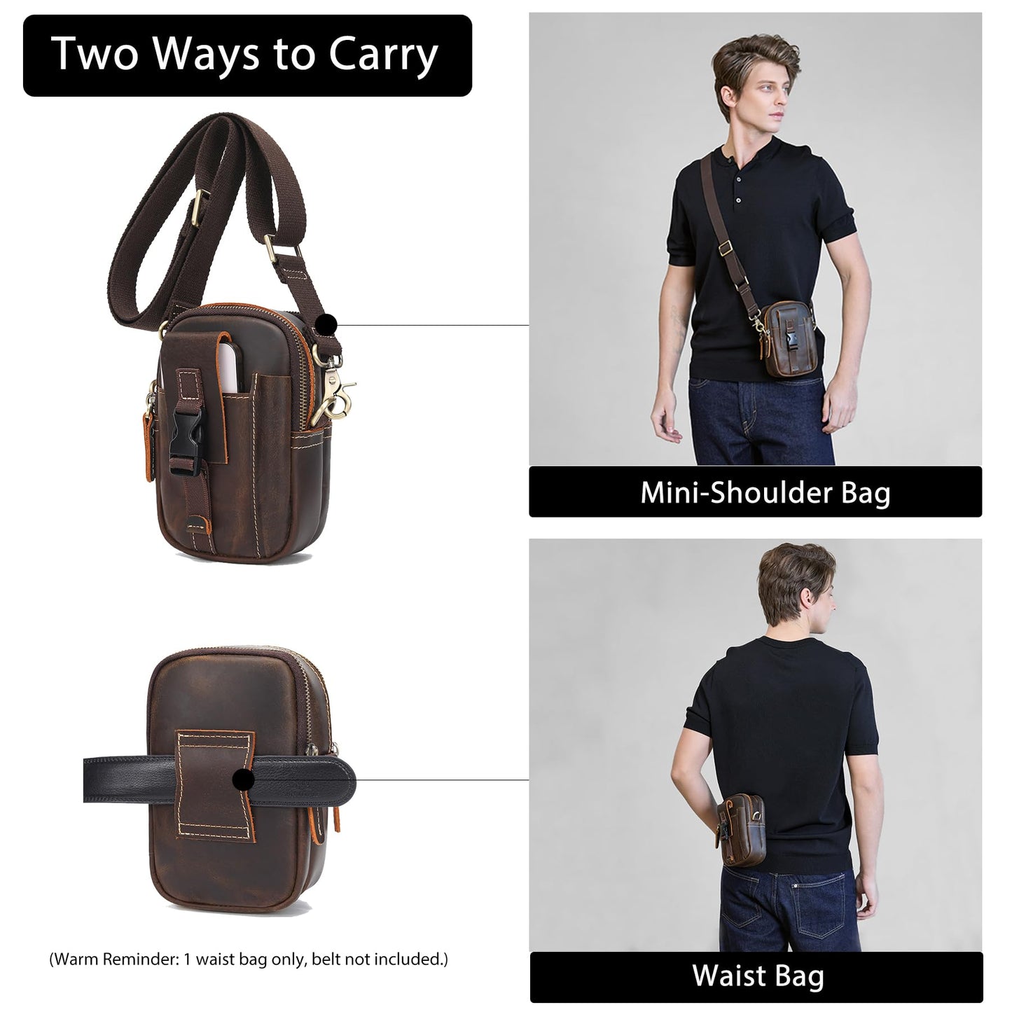 LANNSYNE Small Full Grain Leather Messenger Bag for Men, 3-in-1 Crossbody Shoulder Bag & Waist Belt Pouch, Sling Purse for Travel Business, Vintage Cell Phone Holster