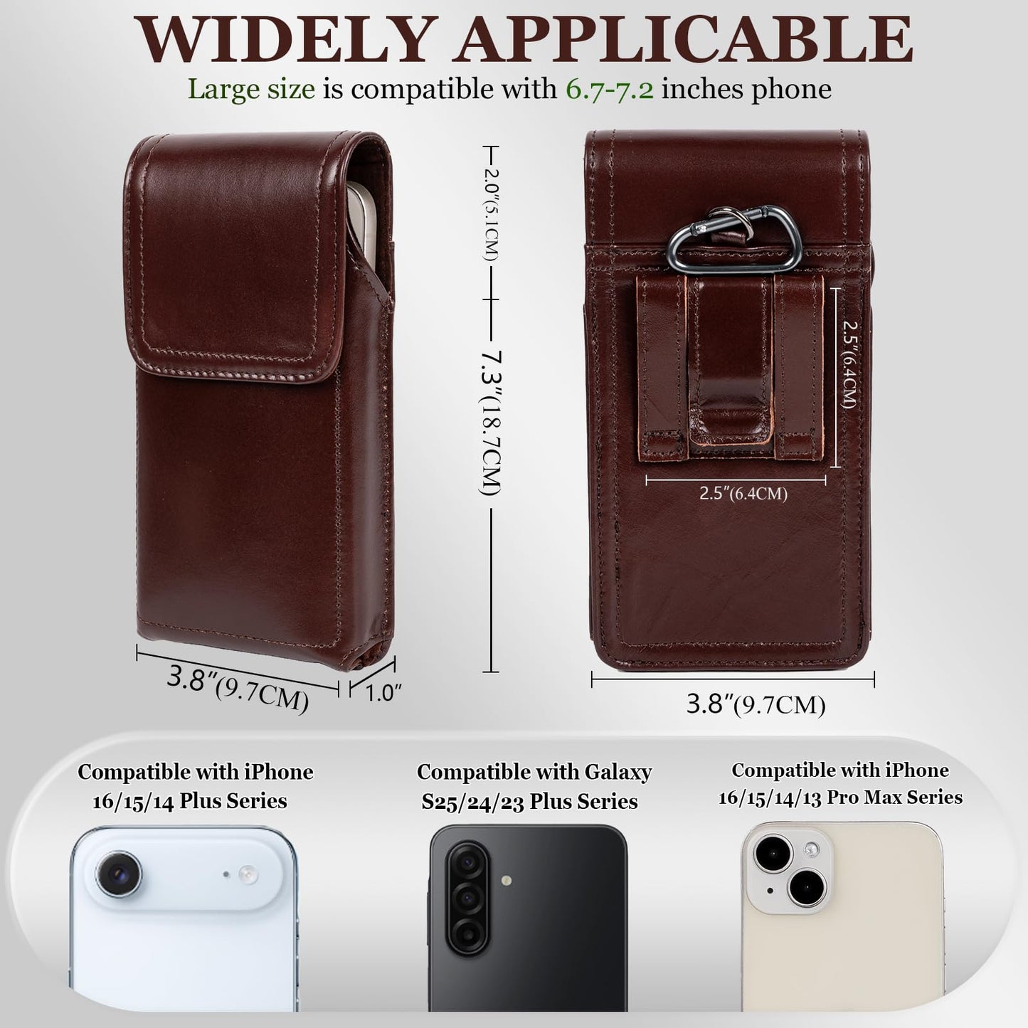Ariscobull - Leather Phone Holster - Genuine Full-Grain Buffalo Leather Cell Phone Holsters - for iPhone 16, 15, 14, 13pro, Galaxy S24, S23, S22-7.3" X 3.8" (Coffe, Large)