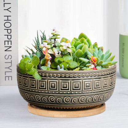 G EPGardening 8 Inch Ceramic Succulent Planter Pots Round Shallow Bonsai Planter Pot for Indoor Plants with Drainage and Bamboo Saucer Gray