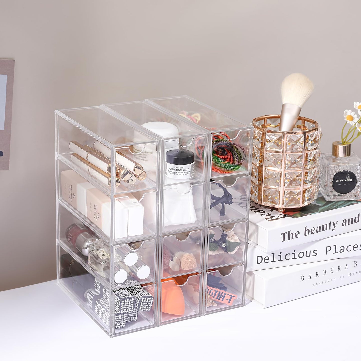 MOTDWKYD Acrylic Stackable Drawer Organizer with 4 Clear Drawers for Bathroom & Vanity Makeup Storage