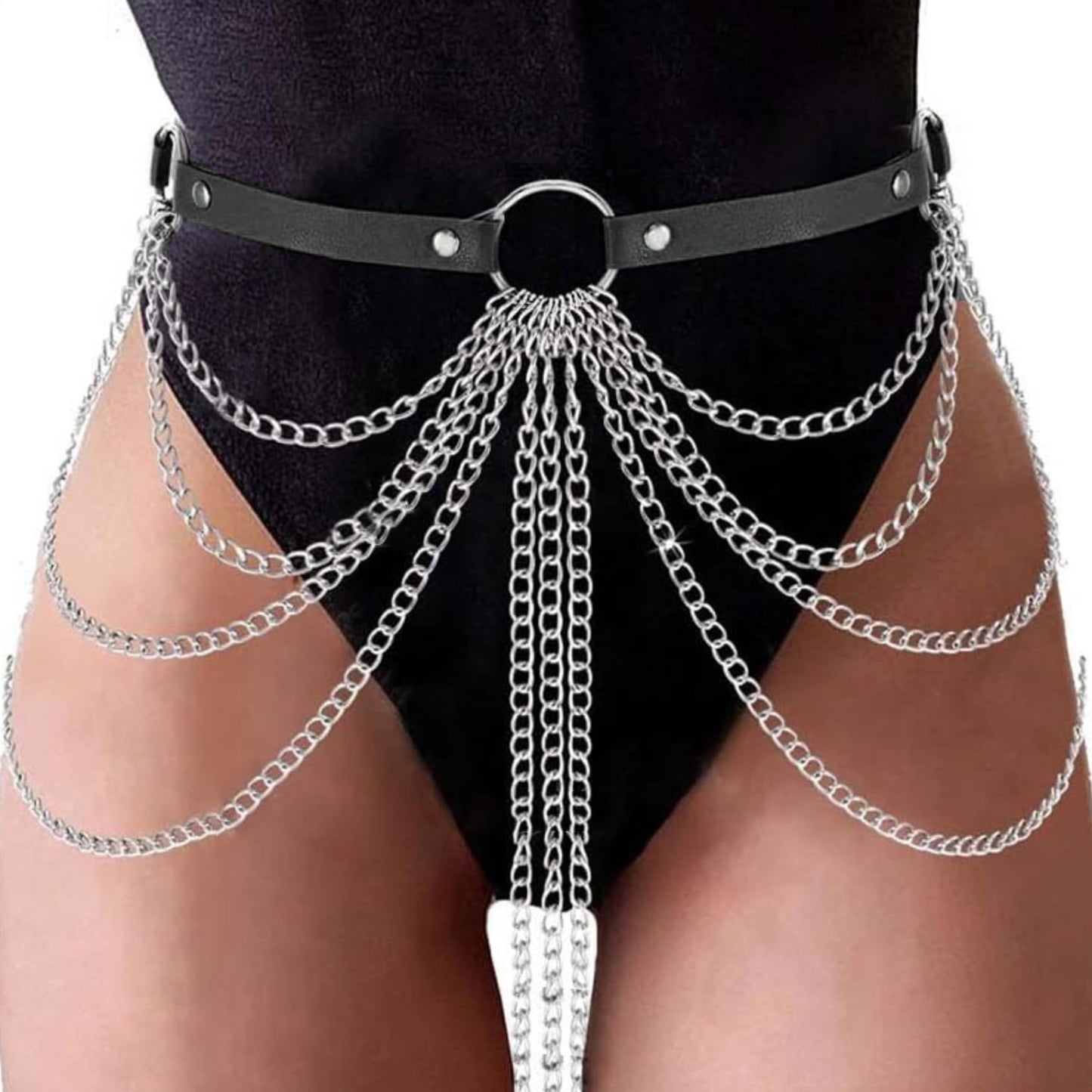 Ulekuke Punk Gothic Leather Waist Chain Belt for Women Layered Body Jewelry Black Silver Rave Accessories Festival Goth Fashion(Siceng)