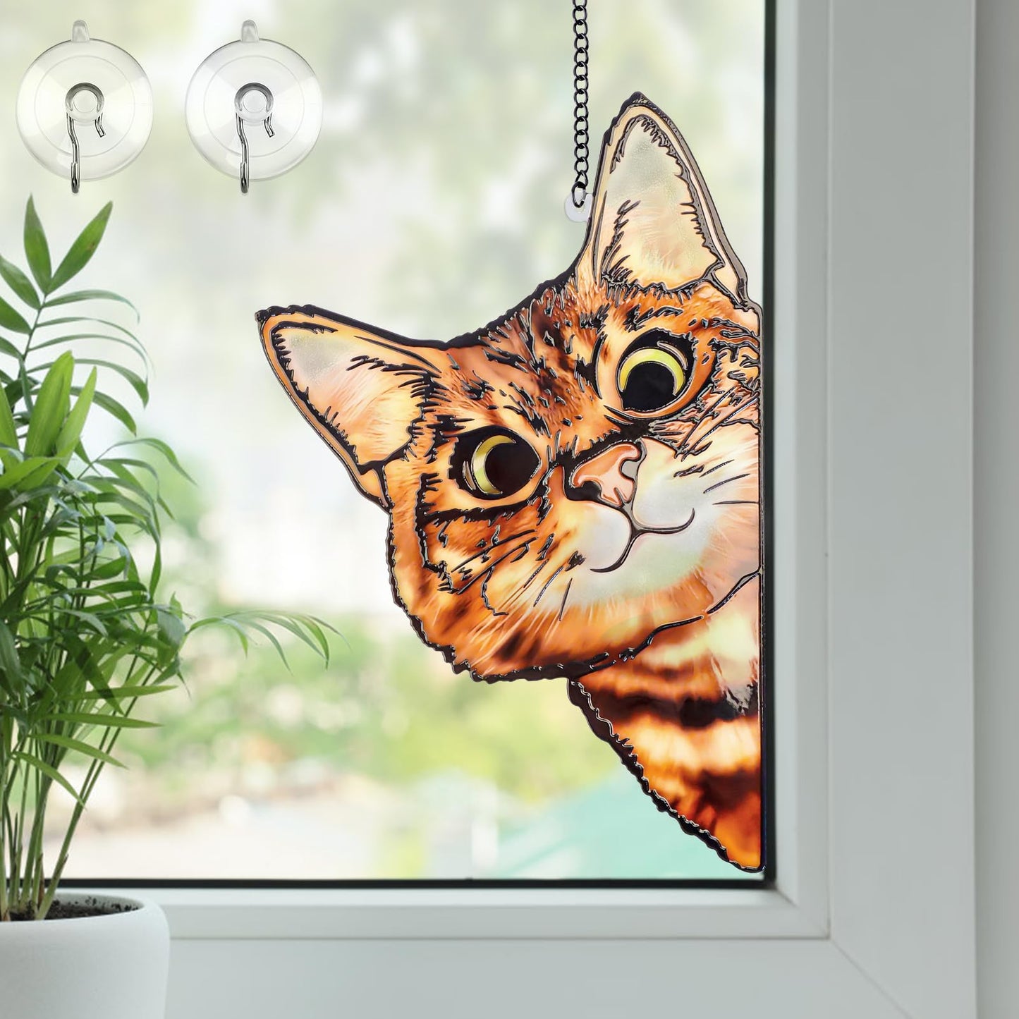 Remiawy Stained Glass Window Hanging, Funny Peeking Cat with Metal Chain and Hooks Window Indoor Decoration and Christmas, Mother's Day Birthday Pet Sympathy Gifts for Cat Lover