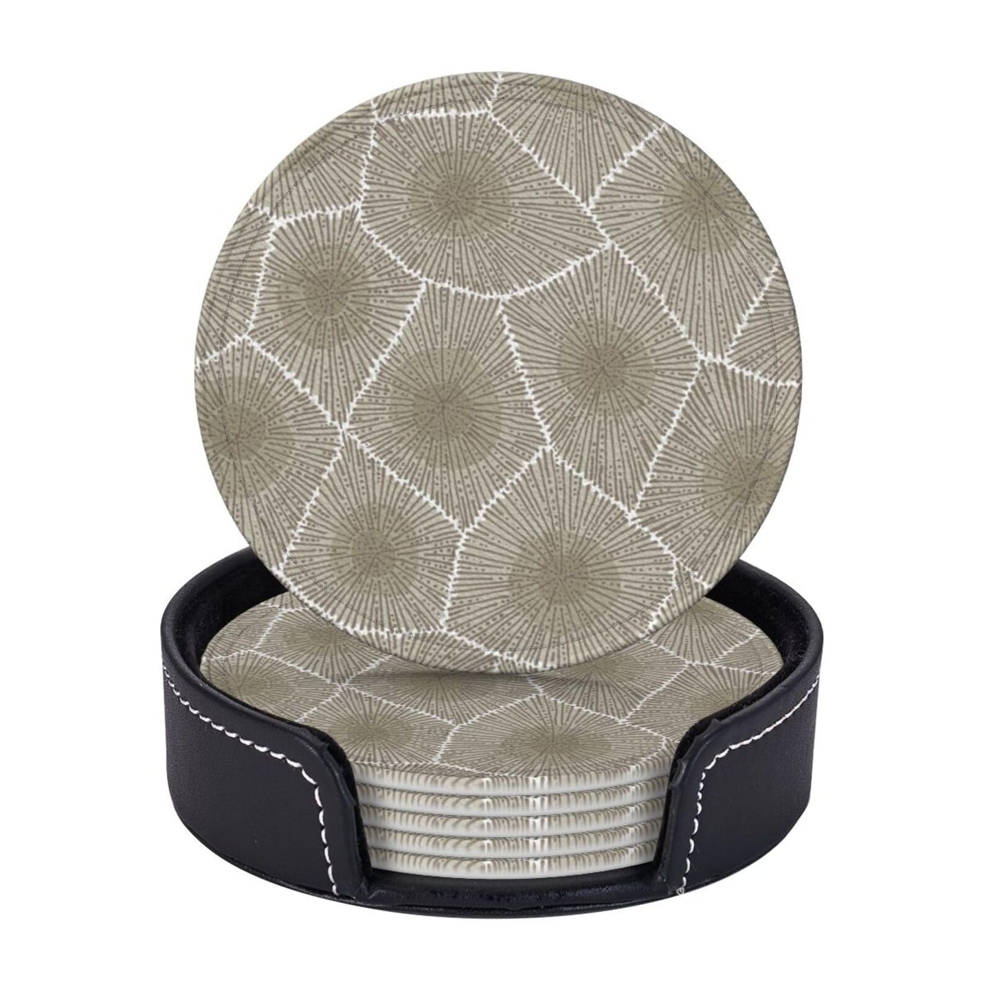 Keeawou Petoskey Stone Leather Drinks Coasters with Holder, Set of 6, Suitable for Various Cups