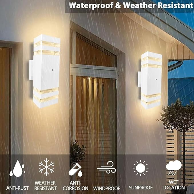 White Dusk to Dawn Sensor Outdoor Wall Lights, 2 Pack Up and Down Lights Outdoor Wall Mount Light, Aluminum Exterior Wall Sconces Waterproof Outside Lights for Porch Hallway Patio