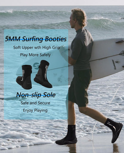 Skyone Neoprene Dive Boots, Men's & Women's 5MM Wetsuit Surf Booties, Tall Zippered Anti-Slip Rubber Sole Scuba Boots, Diving Booties for Sailing Snorkeling (Black, Mens 9 / Womens 10)