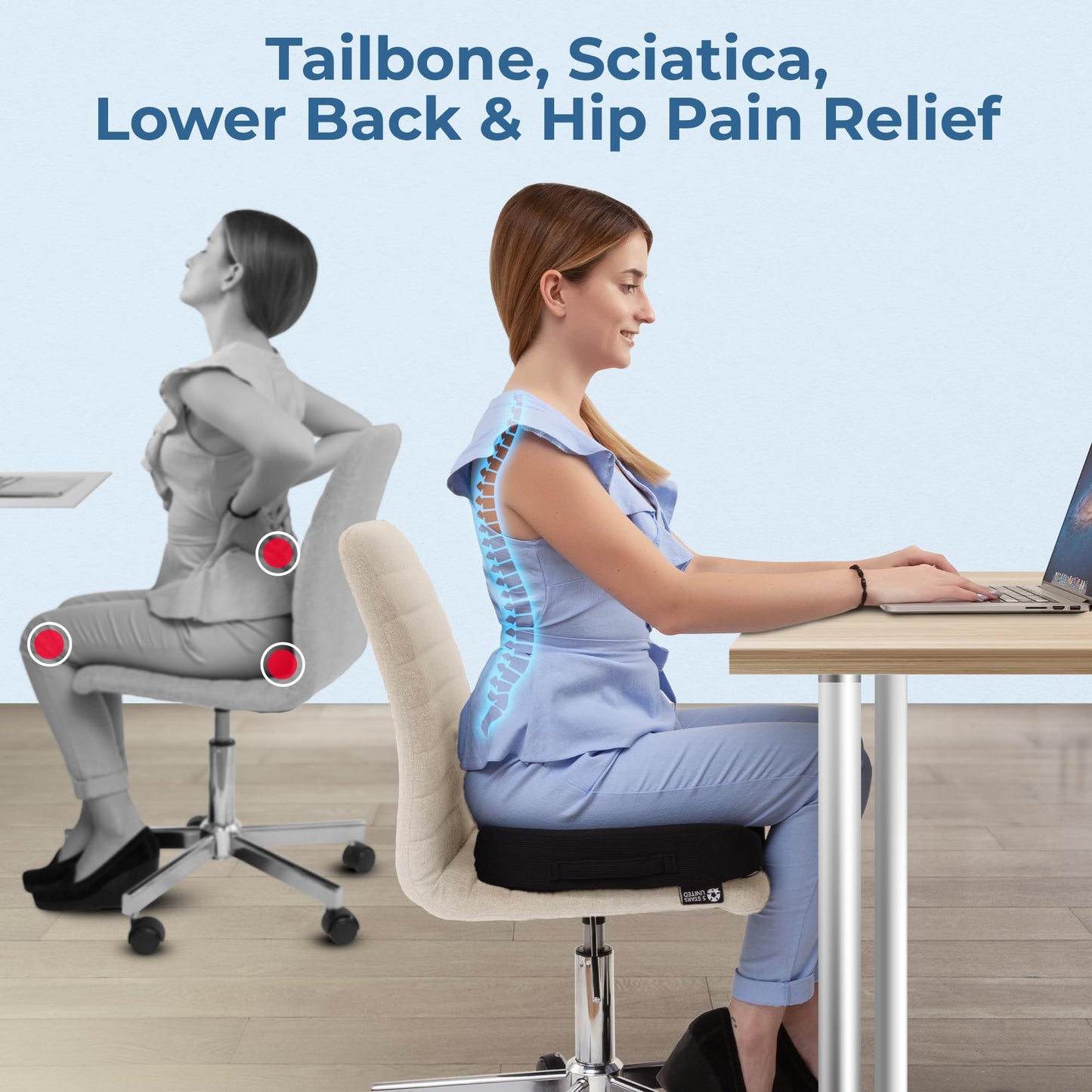 5 STARS UNITED Seat Cushion - Memory Foam Chair Cushion for Tailbone Pain Relief - Ergonomic Support for Coccyx, Sciatica & Butt - Office, Desk & Gaming Chair, Car Seat, Wheelchair, Airplane, Black