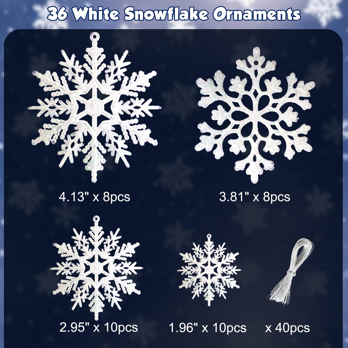 36 Pack White Snowflake Ornaments Plastic Glitter Snow Flakes Ornaments for Winter Christmas Tree Decorations Size Varies Craft Snowflakes