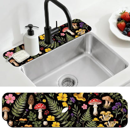 2 Pcs Kitchen Sink Splash Guard Faucet Mats Colorful Mushrooms and Flowers