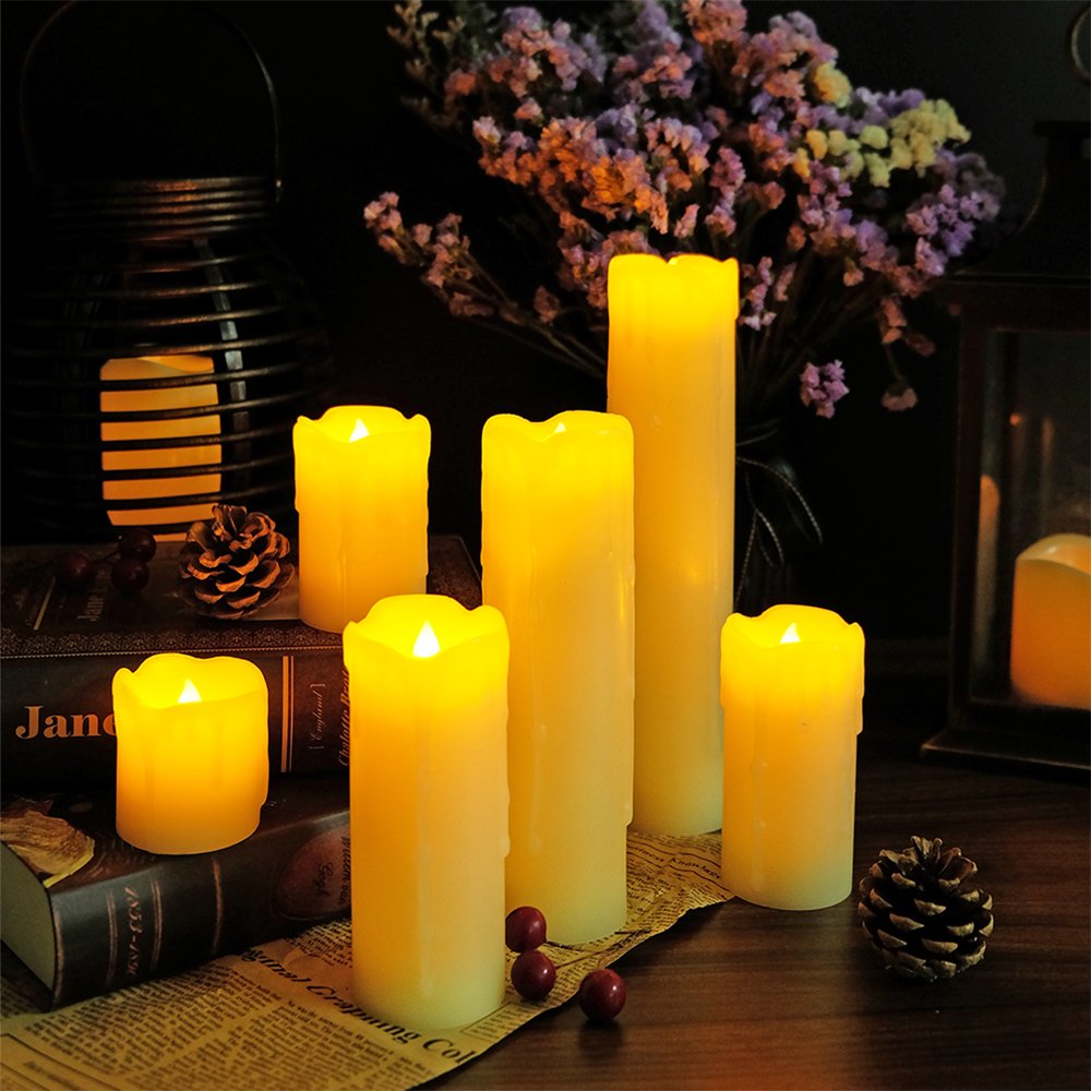 DRomance Flameless Flickering Candles Battery Operated(Battery Included) with 6 Hour Timer, Set of 6 Dripping Wax LED Pillar Candles Halloween Christmas Home Decor(Ivory, 2" D x 2"-9" H)
