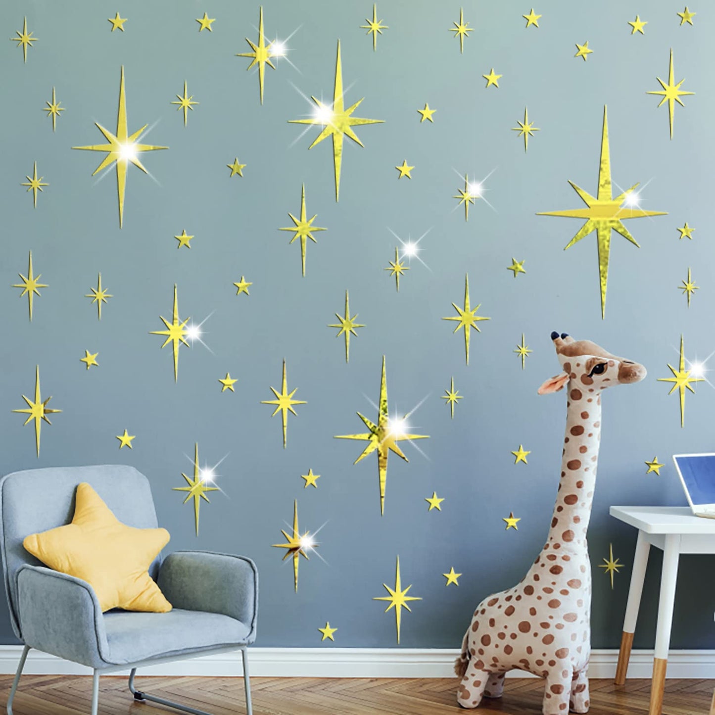 Easma Mirror Wall Stickers Gold Star Wall Decal Peel and Stick 3D Acrylic Decals Removable Stars Adhesive Mirror Starburst Art Decor Sticker for Home Living Room Bedroom Decoration