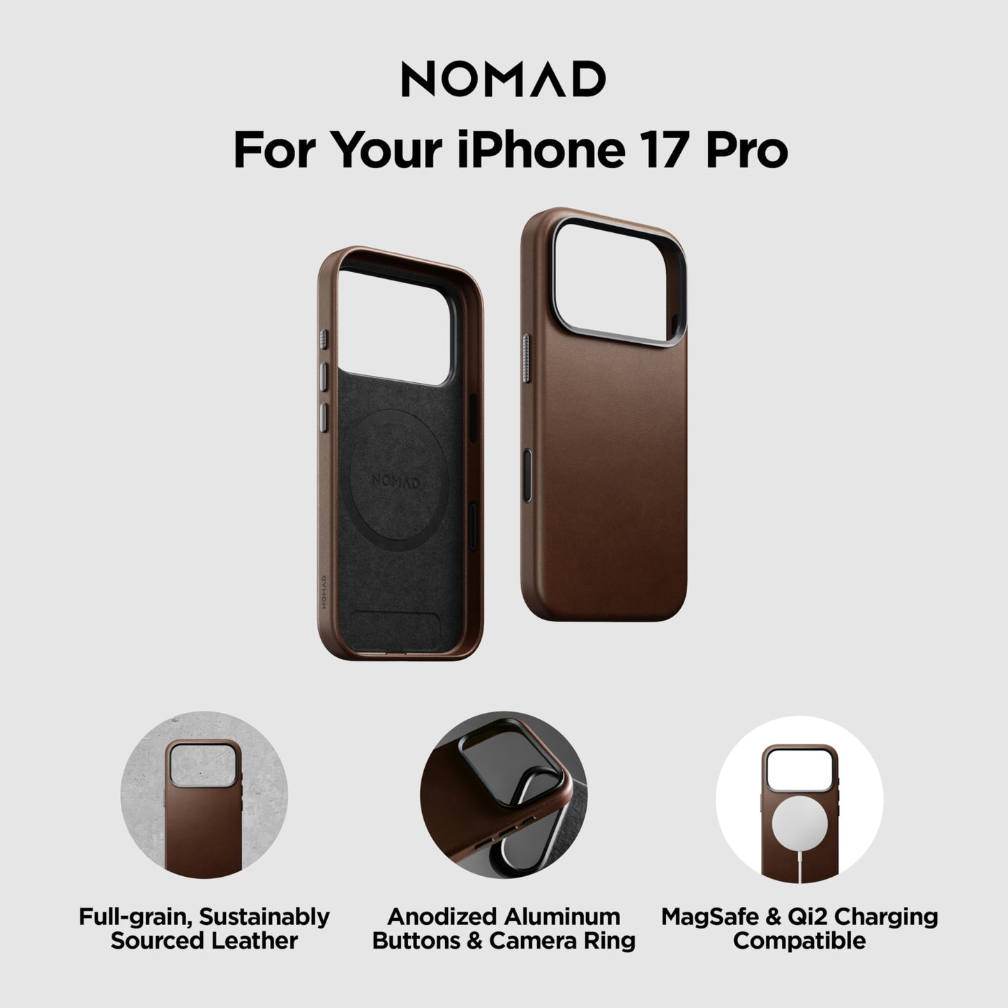 NOMAD Traditional Leather Case Brown Compatible with iPhone 17 Pro Leather Magsafe Charging Compatible Phone Case for iPhone 17 Pro