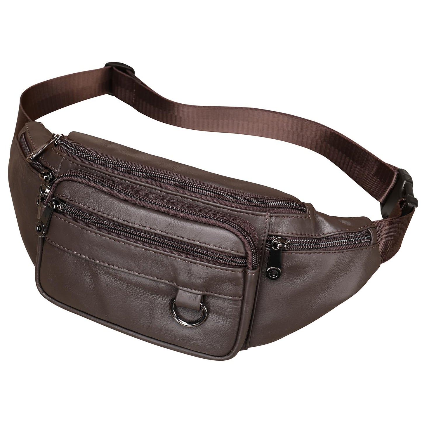 Genuine Leather Fanny Pack HandMade Durable cowhide Waist Bag Lots of Anti-theft zipper pocket Coffee