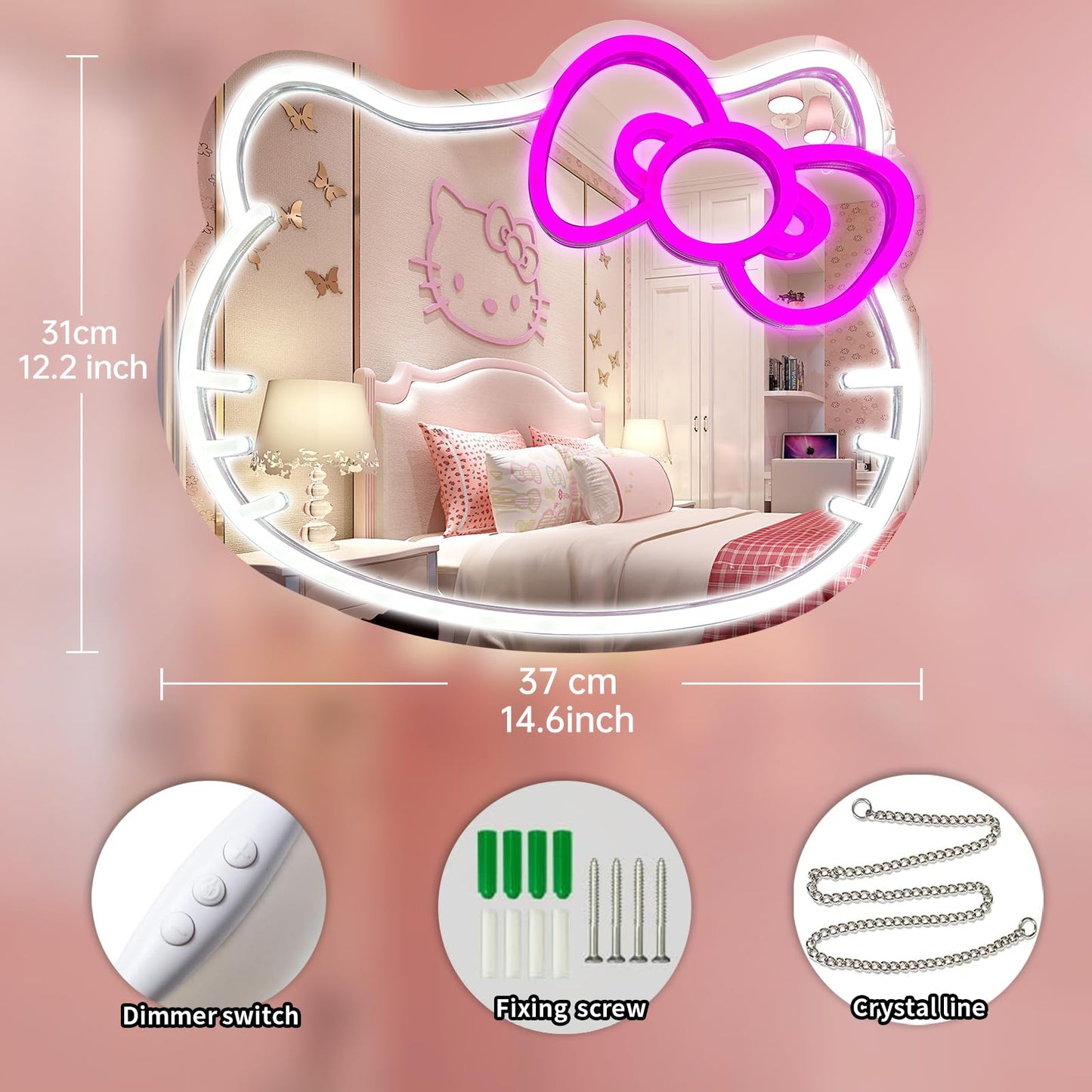 MCJSGSP Anime Hello Kit Mirror with Light Neon Signs for Wall Decor, Teen Girl Gift，Makeup Mirror neon Sign Room Decor (14.6 * 12.2 inch)