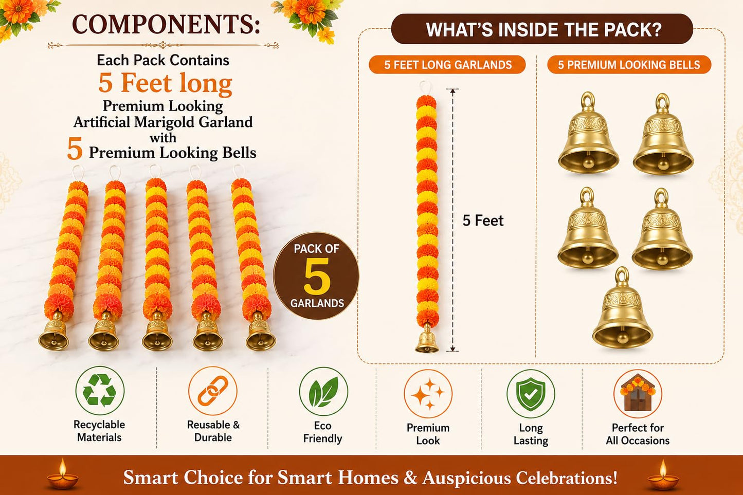 Arts Of India Handmade Artificial Marigold Flowers Garland for Decoration Door Toran Genda Phool for Diwali Wedding/Festivals with Bells Pack of 5