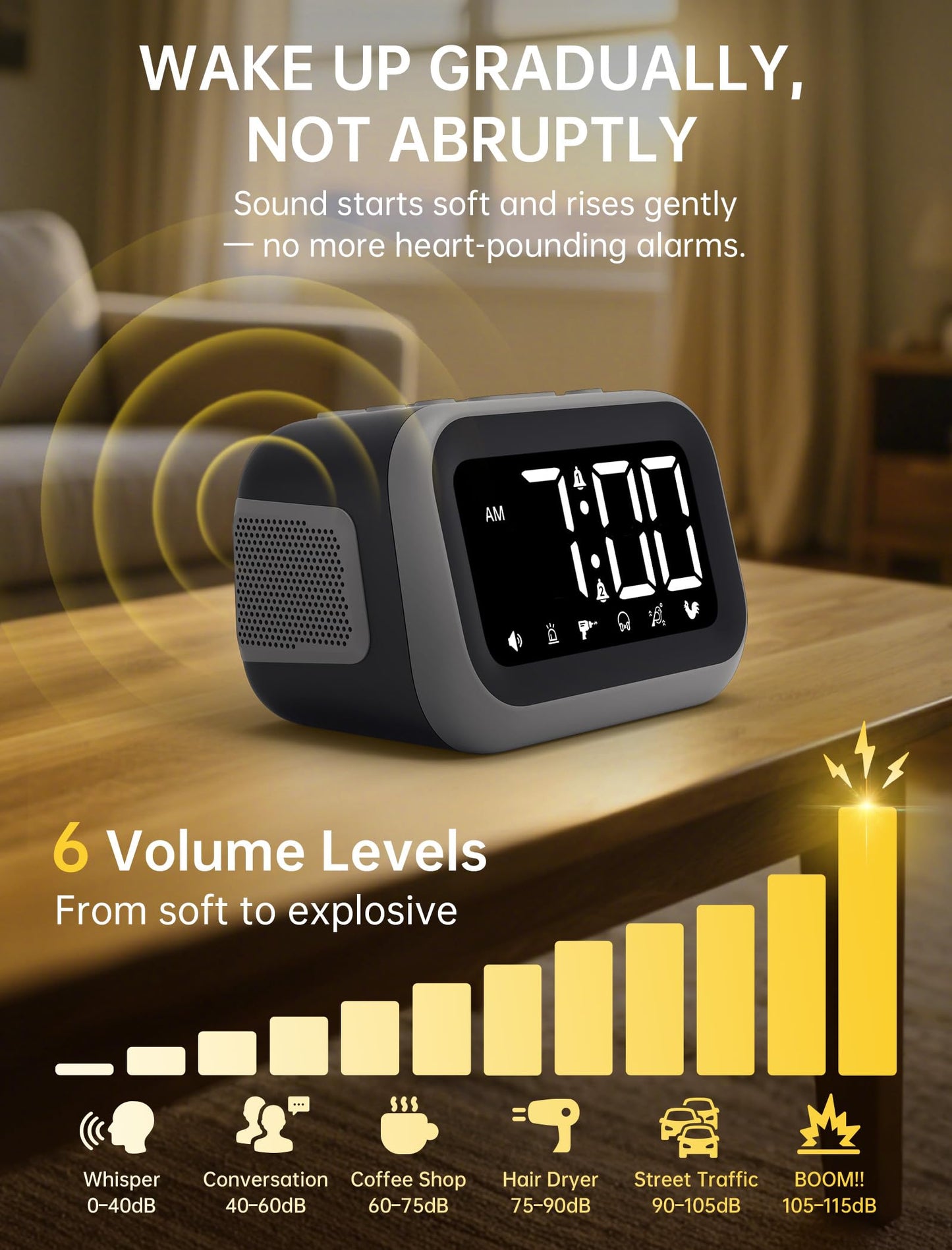 Acedeck Super Loud Alarm Clock: 115dB Dual Alarms and 6 Alarm Sounds for Heavy Sleepers - Adult Shift Workers in Bedroom or Daily Wake-Up Use - Gray