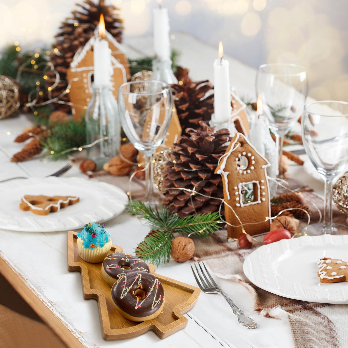 Bencailor 3 Pcs Christmas Wooden Serving Tray Christmas Tree Plates Dishes Charcuterie Board Dinner Tray for Xmas Home Party Dinnerware Supplies(Xmas Tree)