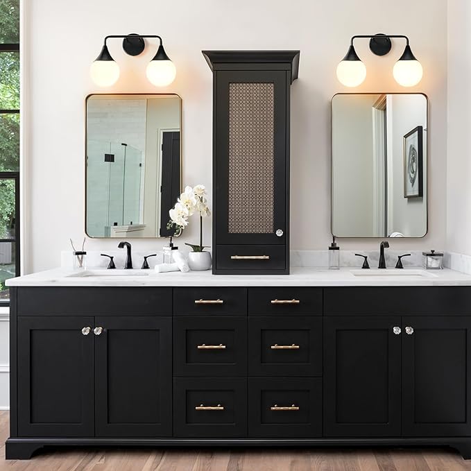 Bathroom Vanity Light Fixtures: 2 Lights Mid Century Farmhouse Bathroom Lighting Fixtures Over Mirror - Matte Black Wall Sconces with Frosted Globe Glass for Hallway Restroom