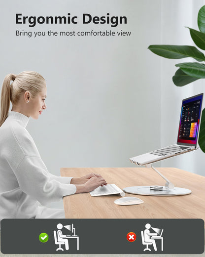 LOXP Laptop Stand with Phone Holder, Adjustable Laptop Stand with 360 Rotating Base, Aluminum Computer Mount Holder, Ergonomics Laptop Riser for Desk, Fits MacBook, up to 17.3" All Notebooks Silver