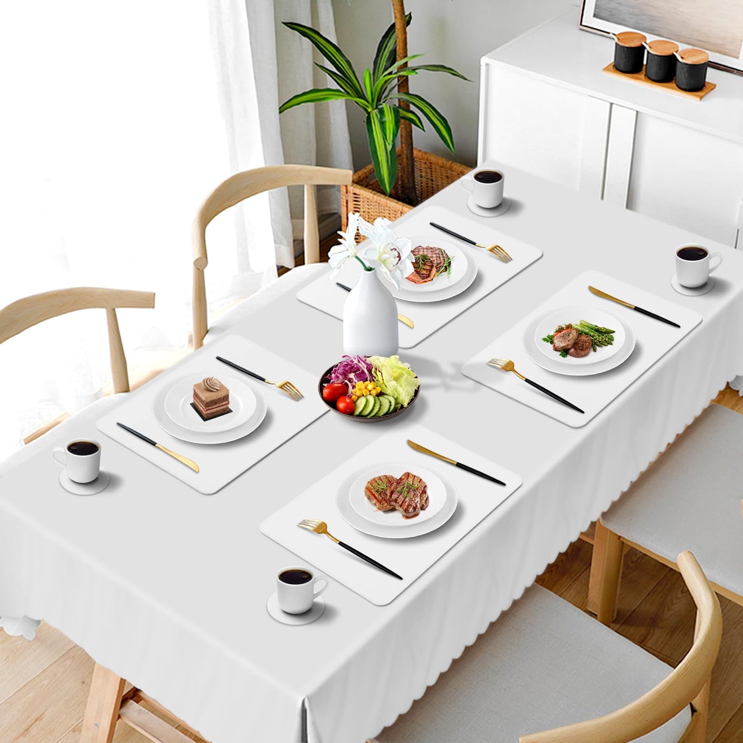 APLKER Placemats and Coasters Set of 6, Heat Insulation PU Leather Table Mats Non-Slip Washable Waterproof Kitchen Dining Place Mats for Home Restaurant Hotel - White