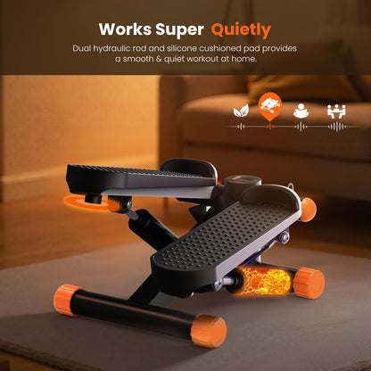 Sweetcrispy Mini Stair Stepper with Resistance Bands, Hydraulic Home Stepper Machine, 300 LBS Weight Capacity, Compact Cardio Equipment with LCD Monitor, No Assembly Required, Black&Orange