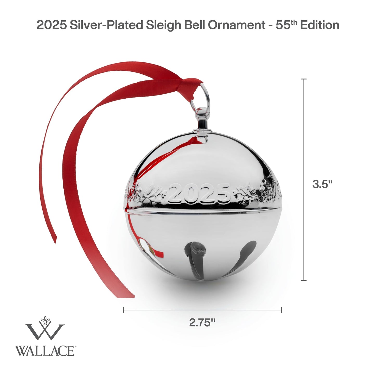 Wallace 2025 Silver-Plated Sleigh Bell Ornament 55th Edition - Cardinals and Poinsettias Holiday Collectible - Handcrafted Annual Christmas Bell with Gift Box
