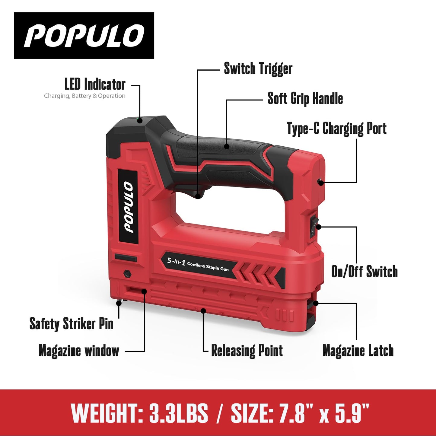 POPULO Electric Staple Gun 5 in 1 Band Nailer, 4V Rechargeable Cordless Stapler, Pin Nail Gun Battery Powered with 2,000 Staples and Nails, Power Wire Staple Gun for Home, Wood, Upholstery, DIY