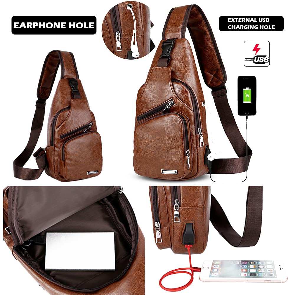 Peicees Leather Sling Bag Mens Crossbody Chest Bag Sling Backpack with USB Charge Port